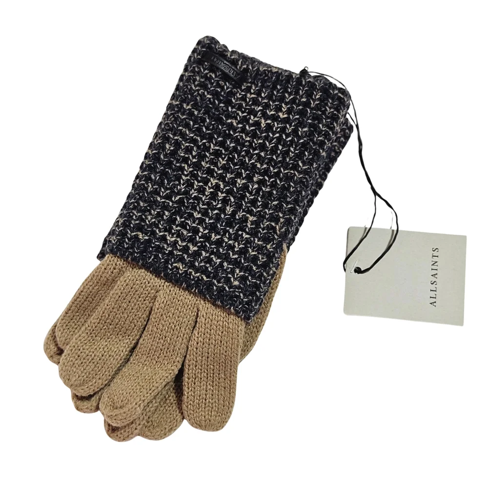 All Saints Gloves Blue Tan Multi Angled Stitch Marled Wool Blend Knit Streetwear